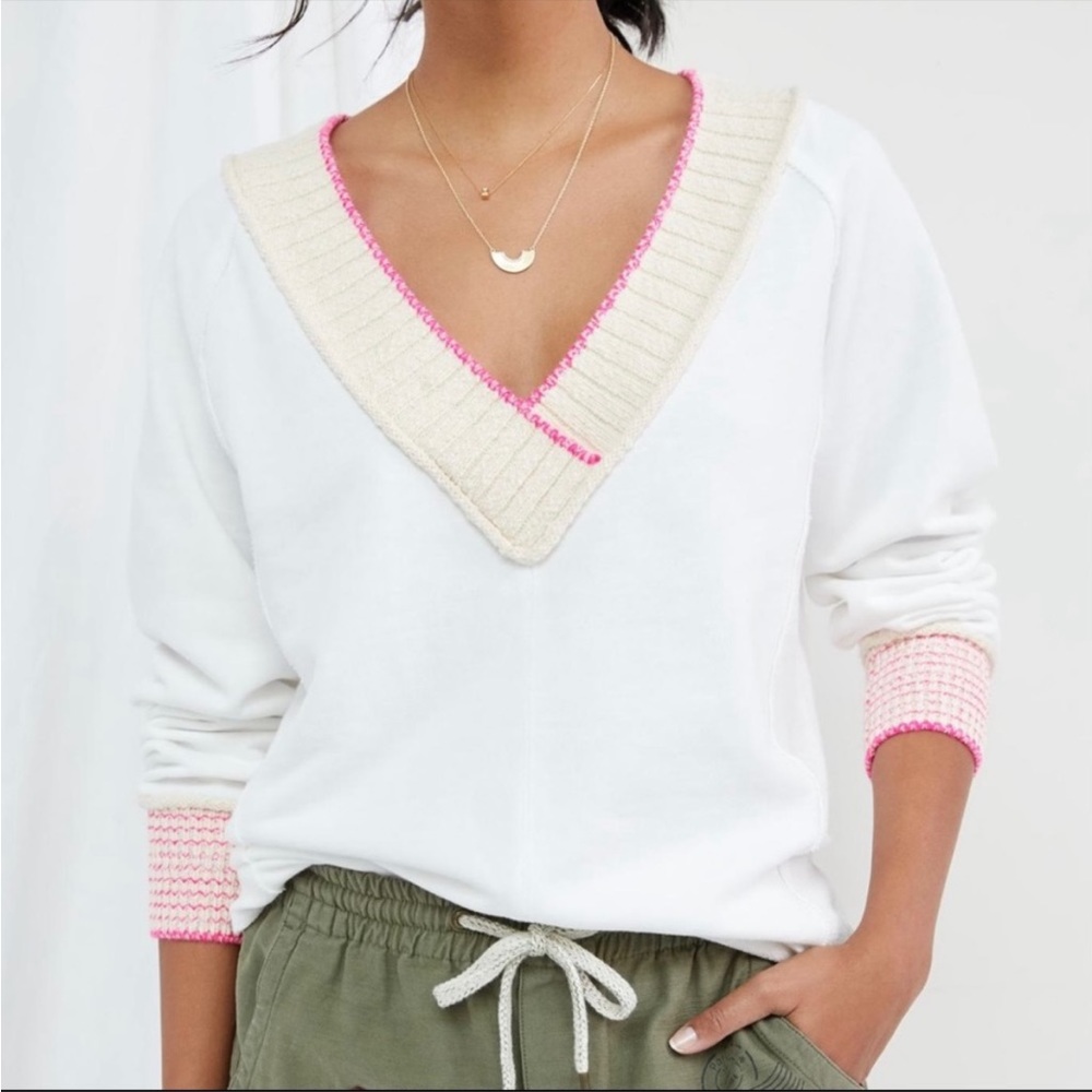 Anthropologie Daily Practice V Neck Top Pullover Sweater White Pink XS